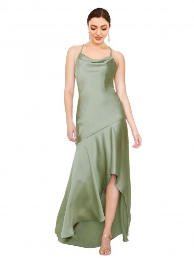 Purcahse  Criss Cross Open Back Sleeveless Cowl Neck A-Line Silky Satin High Low Evening Dress UK