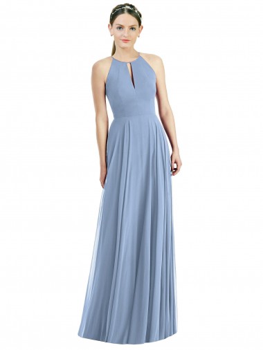 Purcahse  Dusty Blue Sleeveless Halter Neck A-Line Soft Chiffon Semi Formal Evening Dress UK