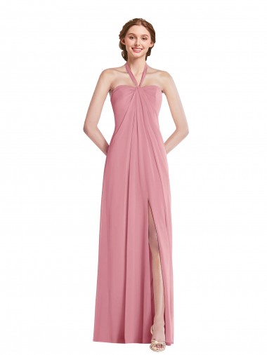 Purcahse  Open Back Skin Pink Sleeveless Halter Neck A-Line Soft Chiffon Semi Formal Evening Dress UK