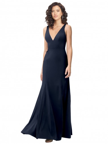 Purcahse  V-Back Dark Navy Sleeveless V-Neck A-Line Stretch Crepe Evening Dress UK