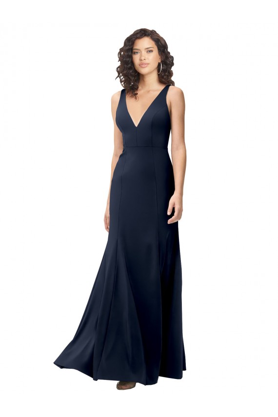 Purcahse  V-Back Dark Navy Sleeveless V-Neck A-Line Stretch Crepe Evening Dress UK