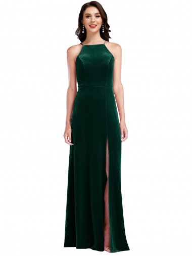 Purcahse  Sleeveless Halter Neck A-Line Stretch Velvet Semi Formal Evening Dress UK