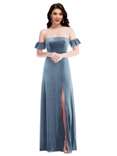 Purcahse  Low Back Ruffle Sleeves Off the Shoulder A-Line Stretch Velvet Evening Dress UK