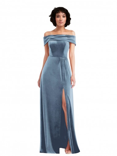 Purcahse  Dusty Blue Sleeveless Off the Shoulder A-Line Stretch Velvet Semi Formal Evening Dress UK