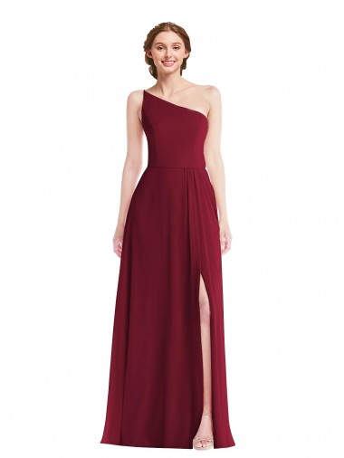 Purcahse  Burgundy Sleeveless One Shoulder A-Line Soft Chiffon Semi Formal Evening Dress UK