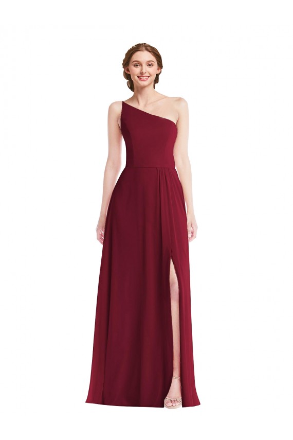 Purcahse  Burgundy Sleeveless One Shoulder A-Line Soft Chiffon Semi Formal Evening Dress UK