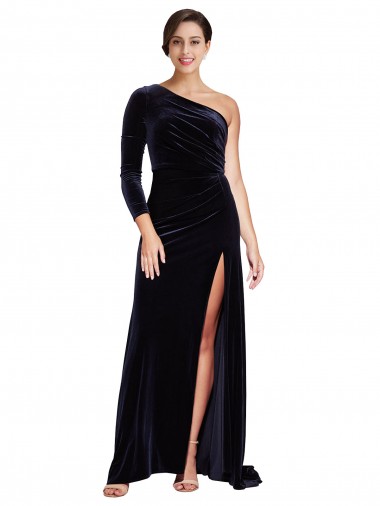 Purcahse  Long Sleeves One Shoulder A-Line Stretch Velvet Formal Evening Dress UK