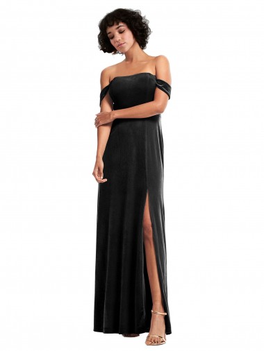 Purcahse  Black Sleeveless Off the Shoulder A-Line Stretch Velvet Formal Evening Dress UK