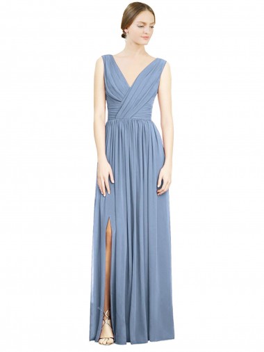 Purcahse  Dusty Blue Sleeveless V-Neck A-Line Soft Chiffon Semi Formal Evening Dress UK