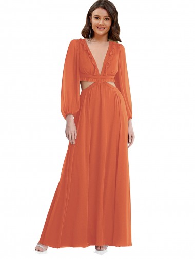 Purcahse  Open Back Long Sleeves V-Neck A-Line Soft Chiffon High Low Evening Dress UK