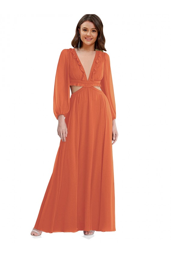 Purcahse  Open Back Long Sleeves V-Neck A-Line Soft Chiffon High Low Evening Dress UK