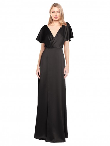 Purcahse  Open Back Cap Sleeves V-Neck A-Line Stretch Satin Evening Dress UK