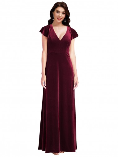 Purcahse  Flutter Sleeves V-Neck A-Line Stretch Velvet Semi Formal Evening Dress UK