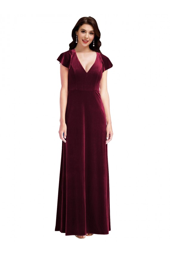 Purcahse  Flutter Sleeves V-Neck A-Line Stretch Velvet Semi Formal Evening Dress UK