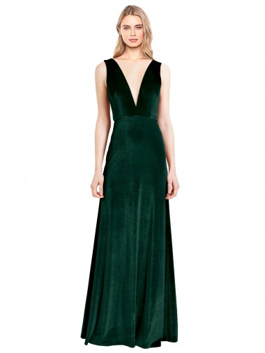 Purcahse  V-Back Sleeveless V-Neck A-Line Stretch Velvet Evening Dress UK