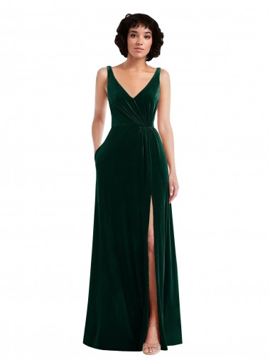 Purcahse  V-Back Dark Green Sleeveless V-Neck A-Line Stretch Velvet Evening Dress UK