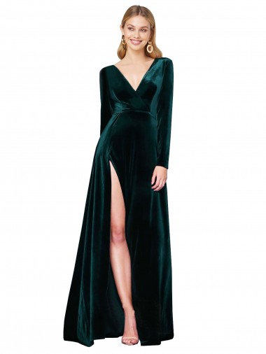 Purcahse  Long Sleeves V-Neck A-Line Stretch Velvet Black Tie Evening Dress UK