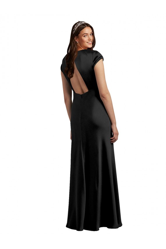 Purcahse  Keyhole Back Cap Sleeves V-Neck A-Line Stretch Satin Formal Evening Dress UK