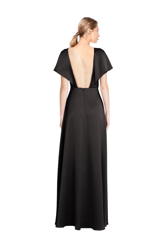 Purcahse  Open Back Cap Sleeves V-Neck A-Line Stretch Satin Evening Dress UK