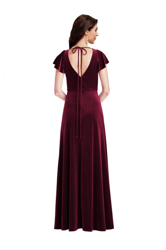 Purcahse  Flutter Sleeves V-Neck A-Line Stretch Velvet Semi Formal Evening Dress UK