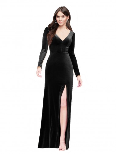 Purcahse  V-Back Long Sleeves V-Neck Column Stretch Velvet Formal Evening Dress UK