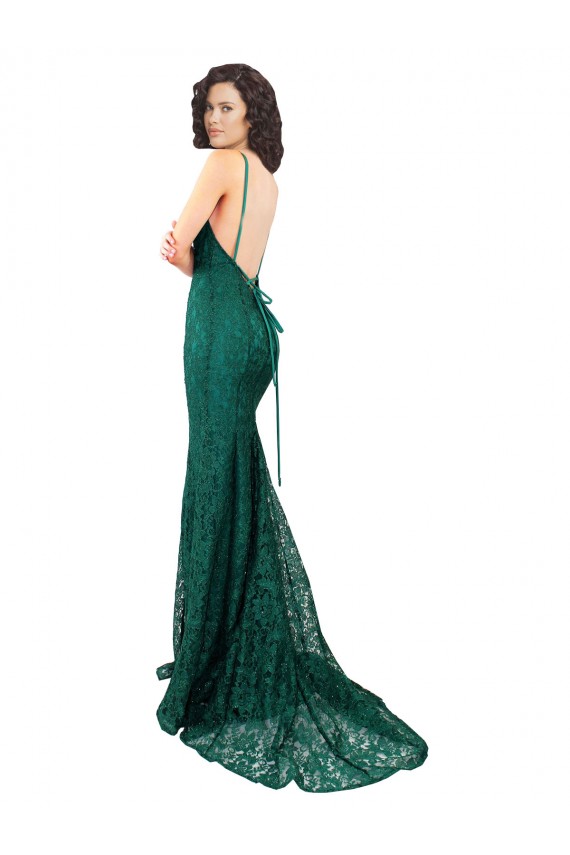 Purcahse  Open Back Sleeveless V-Neck Mermaid Lace Black Tie Evening Dress UK