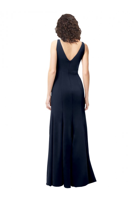 Purcahse  V-Back Dark Navy Sleeveless V-Neck A-Line Stretch Crepe Evening Dress UK