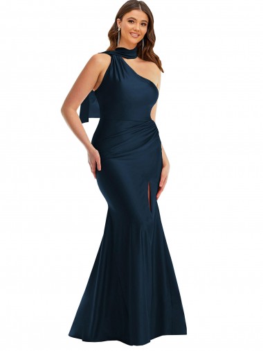 Purcahse  Dark Navy Sleeveless One Shoulder Mermaid Silky Satin Plus Size Formal Evening Dress UK