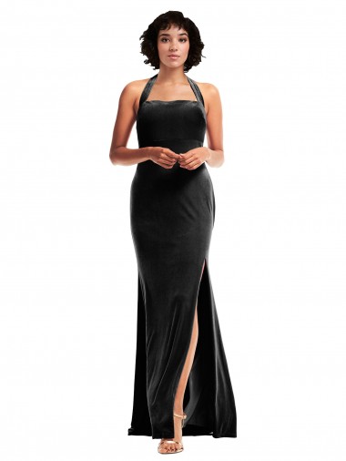 Purcahse  Low Back Sleeveless Halter Neck Mermaid Stretch Velvet Formal Evening Dress UK