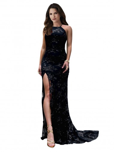 Purcahse  Open Back Sleeveless High Neck Mermaid Lace Black Tie Evening Dress UK