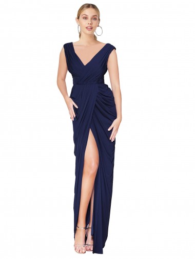 Purcahse  V-Back Dark Navy Sleeveless V-Neck Mermaid Soft Chiffon Formal Evening Dress UK