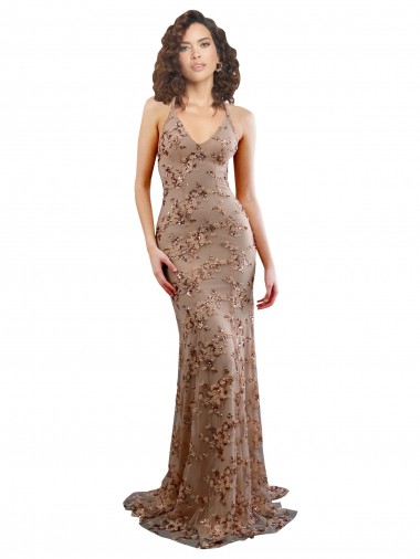 Purcahse  Backless Rose Gold Sleeveless V-Neck Mermaid Stretch Crepe & Sequin Tulle Formal Evening Dress UK