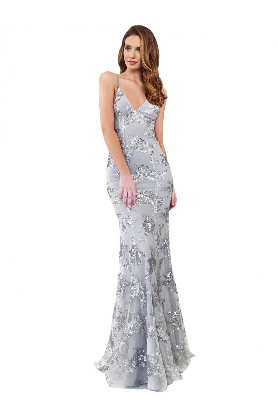 Purcahse  Backless Silver Sleeveless V-Neck Mermaid Stretch Crepe & Sequin Tulle Formal Evening Dress UK