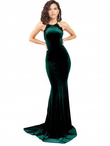 Purcahse  Low Back Sleeveless High Neck Mermaid Stretch Velvet Formal Evening Dress UK