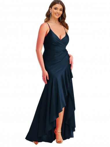 Purcahse  Sleeveless Spaghetti Straps Mermaid Silky Satin High Low Plus Size Evening Dress UK