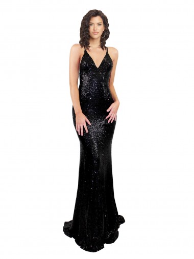 Purcahse  Criss Cross Open Back Sleeveless V-Neck Mermaid Sequin Black Tie Evening Dress UK