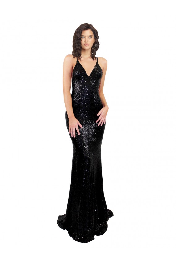 Purcahse  Criss Cross Open Back Sleeveless V-Neck Mermaid Sequin Black Tie Evening Dress UK