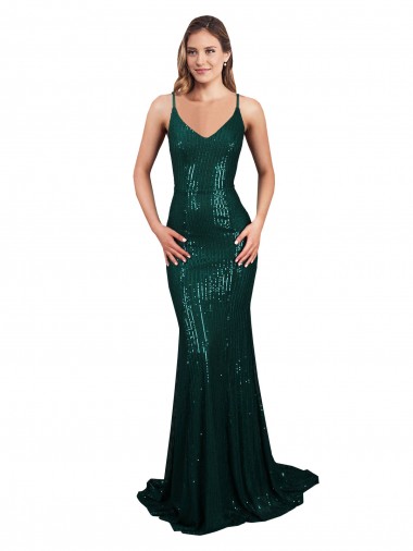 Purcahse  Low Back Dark Green Sleeveless V-Neck Mermaid Sequin Formal Evening Dress UK