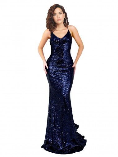 Purcahse  Low Back Dark Navy Sleeveless V-Neck Mermaid Sequin Formal Evening Dress UK