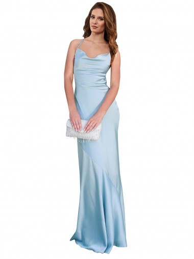 Purcahse  Criss Cross Open Back Light Sky Blue Sleeveless Cowl Neck Sheath Silky Satin Formal Evening Dress UK