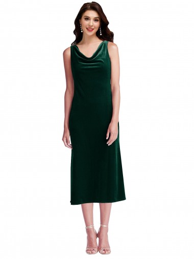 Purcahse  V-Back Sleeveless Cowl Neck Sheath Stretch Velvet Midi Length Short Evening Dress UK