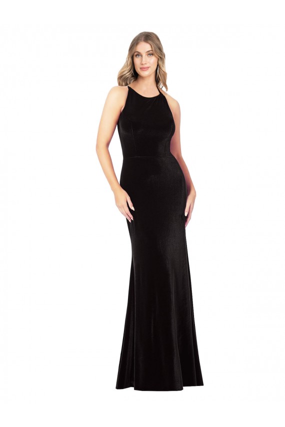 Purcahse  Criss Cross Back Sleeveless Spaghetti Straps Sheath Stretch Velvet Formal Evening Dress UK