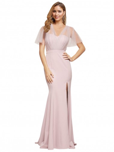 Purcahse  Low Back Short Sleeves One Shoulder Sheath Stretch Crepe & Tulle Formal Evening Dress UK