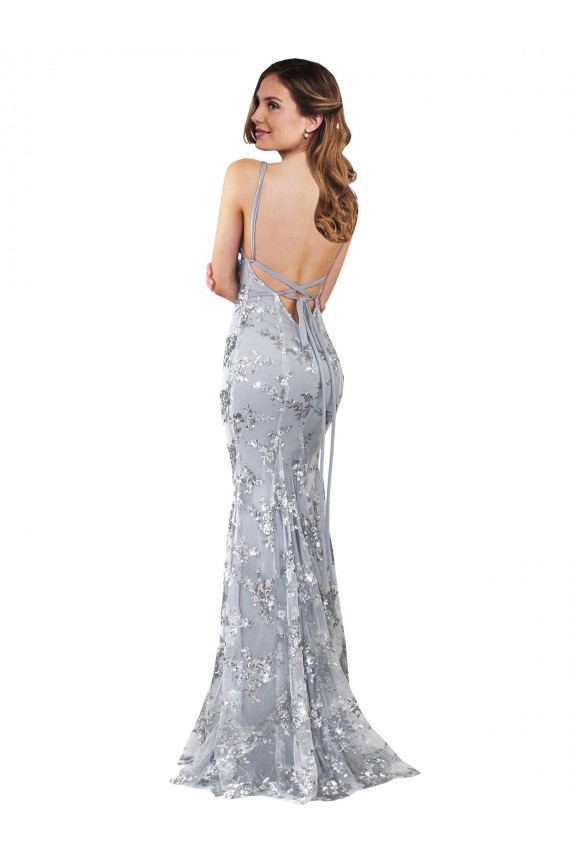 Purcahse  Backless Silver Sleeveless V-Neck Mermaid Stretch Crepe & Sequin Tulle Formal Evening Dress UK