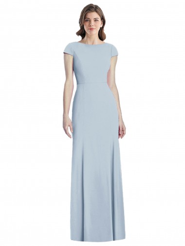 Purcahse  Open Back Light Sky Blue Cap Sleeves Bateau Neck Trumpet Stretch Crepe Evening Dress UK