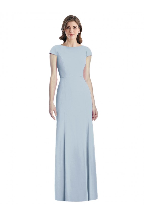 Purcahse  Open Back Light Sky Blue Cap Sleeves Bateau Neck Trumpet Stretch Crepe Evening Dress UK