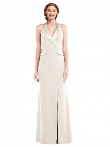 Purcahse  Low Back Sleeveless Halter Neck Trumpet Stretch Crepe Semi Formal Evening Dress UK