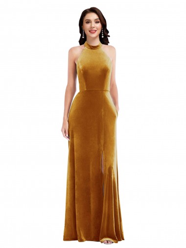 Purcahse  Keyhole Back Sleeveless Halter Neck Trumpet Stretch Velvet Semi Formal Evening Dress UK