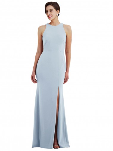 Purcahse  Open Back Light Sky Blue Sleeveless Halter Neck Trumpet Stretch Crepe Formal Evening Dress UK